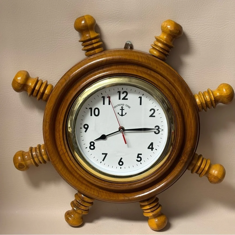 Vintage Diamond Time  Captain's Ship Wooden Wheel Clock 19.5”